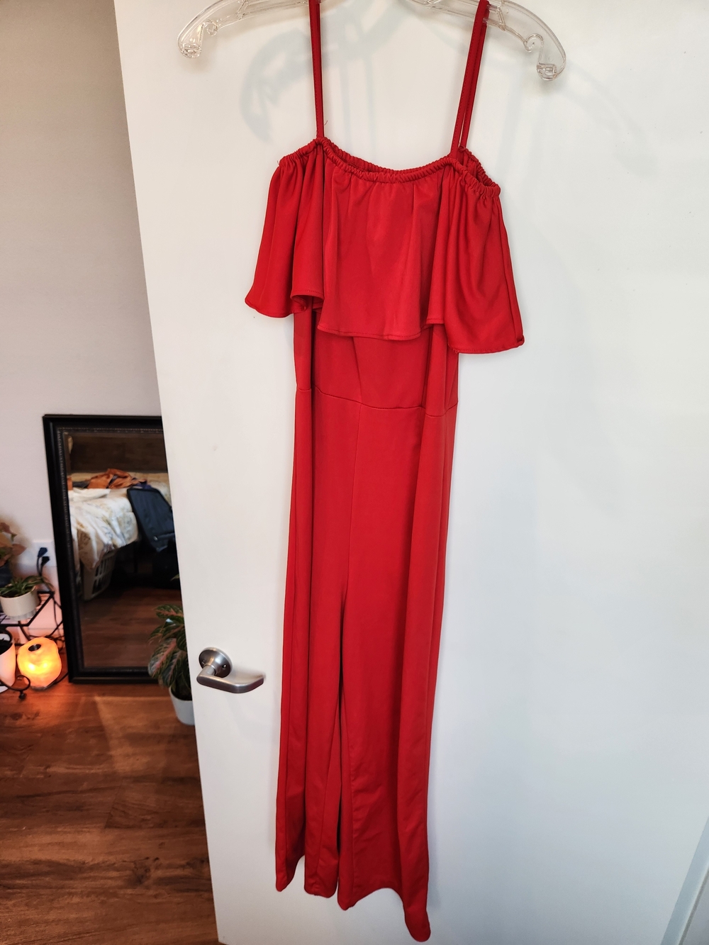 Red Off-Shoulder Ruffle Jumpsuit - Picture 5 of 9